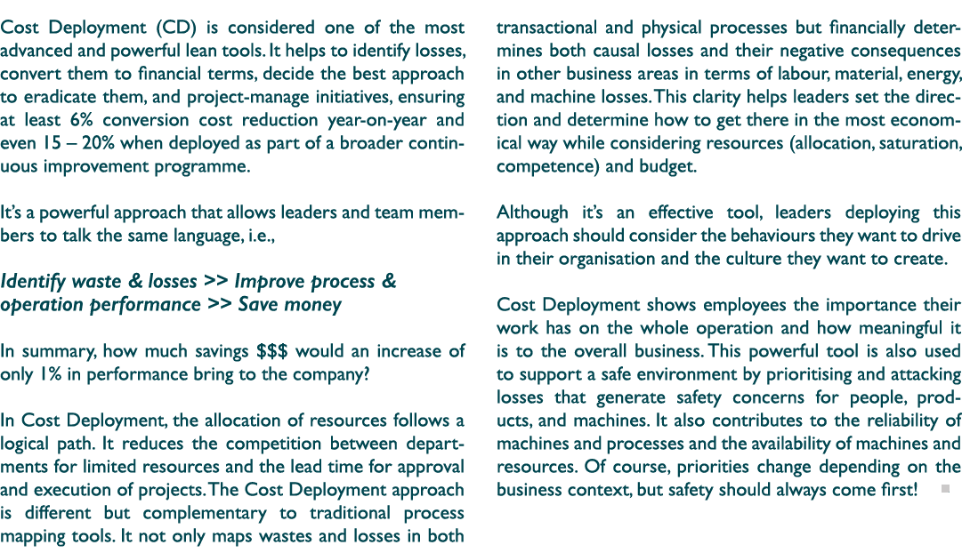 Cost Deployment (CD) is considered one of the most advanced and powerful lean tools. It helps to identify losses, con...