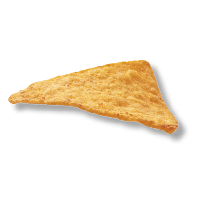 Corn chips of triangular shape levitate on a white background.