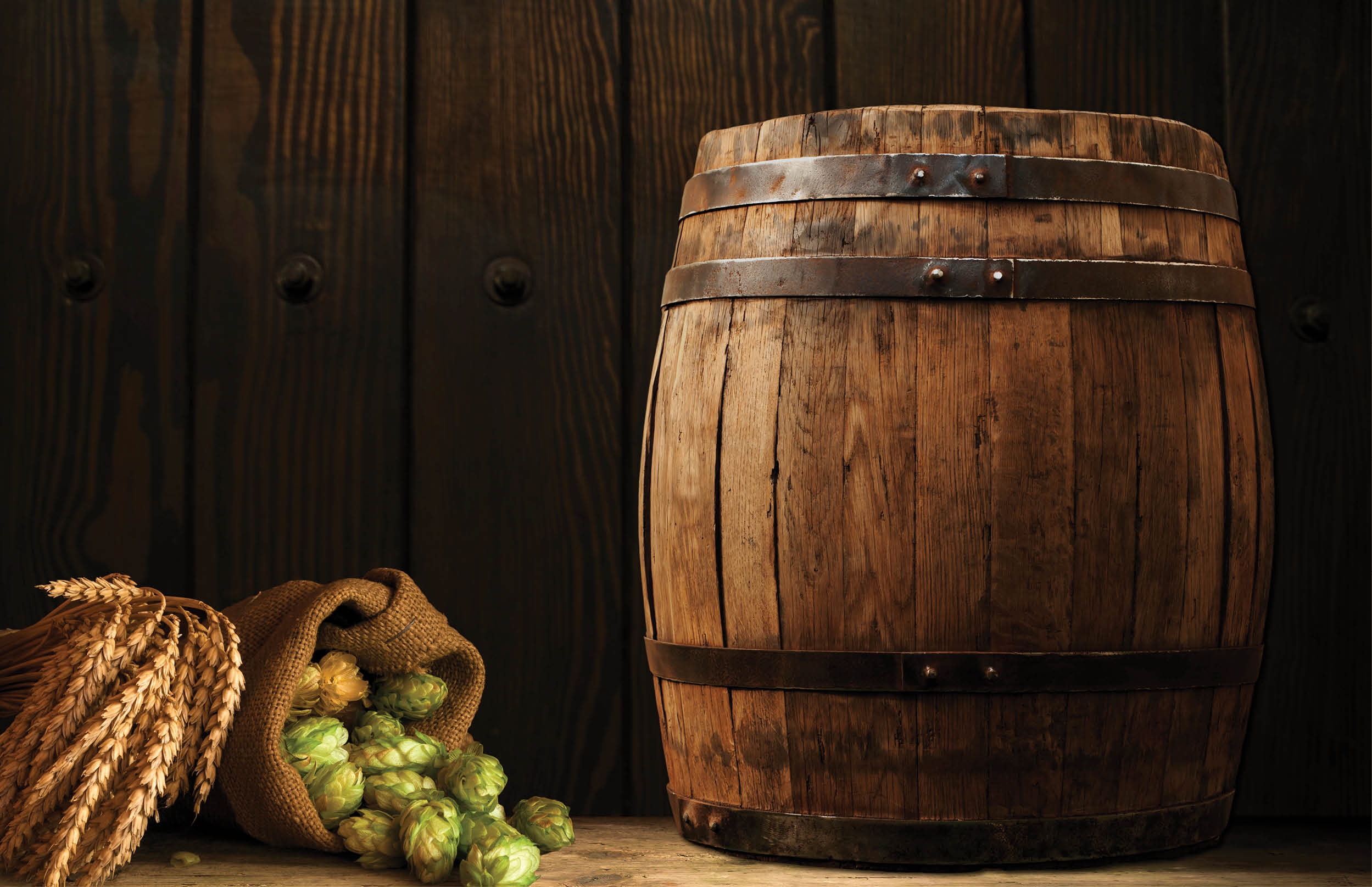Beer Mug With Wheat And Hops In Cellar With Barrel