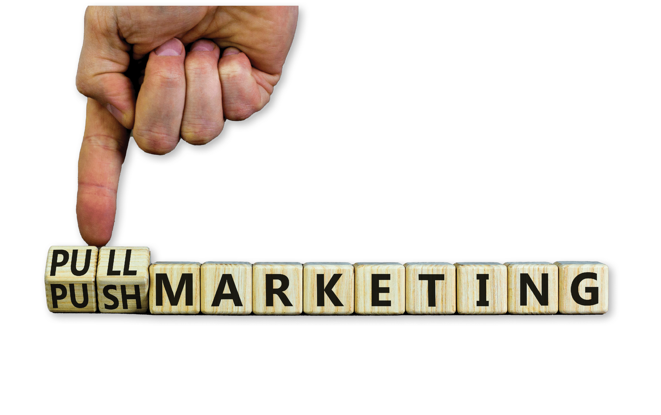 Pull or push marketing symbol. Businessman turns cubes and changes concept words Pull marketing to Push marketing. Beautiful grey background. Business and pull or push marketing concept. Copy space.