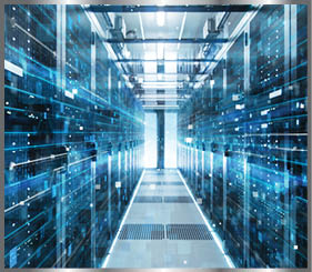 Shot of Corridor in Working Data Center Full of Rack Servers and Supercomputers with High Internet Visualisation Projection.