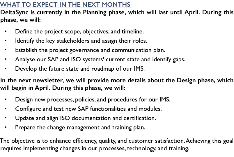 What to Expect in the Next Months DeltaSync is currently in the Planning phase, which will last until April. During t...