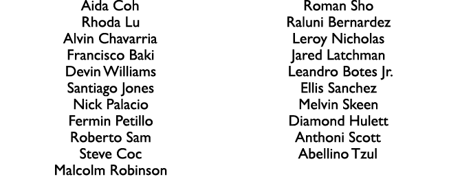 Aida Coh Rhoda Lu Alvin Chavarria Francisco Baki Devin Williams Santiago Jones Nick Palacio Fermin Petillo Roberto Sa...