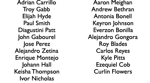 Adrian Carrillo Troy Gabb Elijah Hyde Paul Smith Diagustini Patt John Gabourel Jose Perez Alejandro Zetina Enrique Mo...