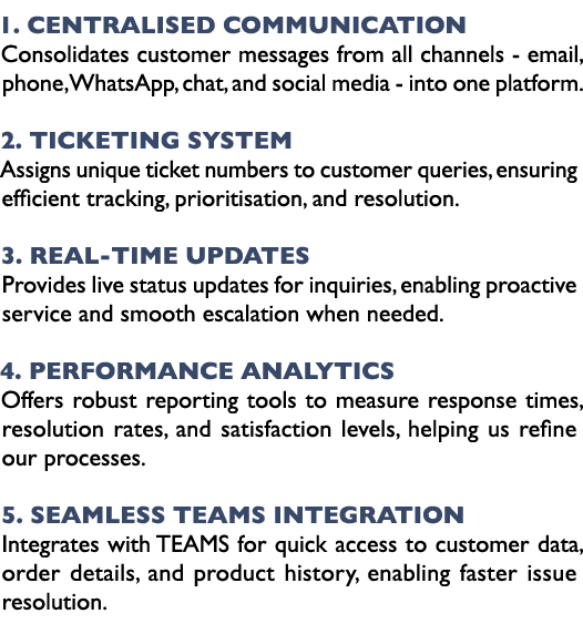 1. Centralised Communication Consolidates customer messages from all channels email, phone, WhatsApp, chat, and socia...