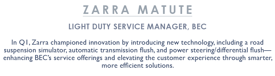Zarra Matute Light Duty Service Manager, BEC In Q1, Zarra championed innovation by introducing new technology, includ...
