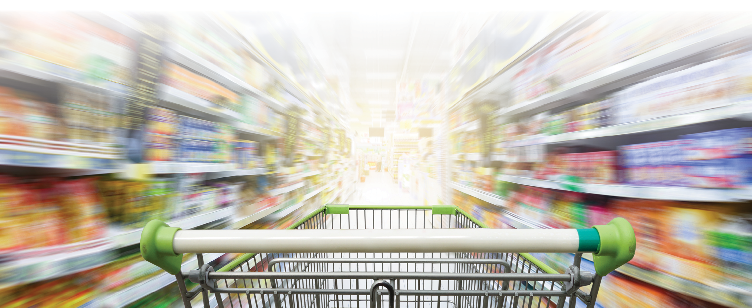 Supermarket aisle with empty green shopping cart