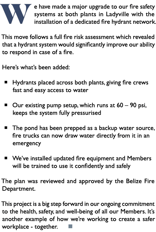 We have made a major upgrade to our fire safety systems at both plants in Ladyville with the installation of a dedica...