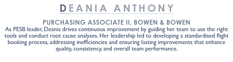 Deania Anthony Purchasing Associate II, Bowen & Bowen As PESB leader, Deania drives continuous improvement by guiding...