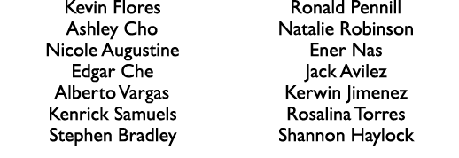 Kevin Flores Ashley Cho Nicole Augustine Edgar Che Alberto Vargas Kenrick Samuels Stephen Bradley Ronald Pennill Nata...