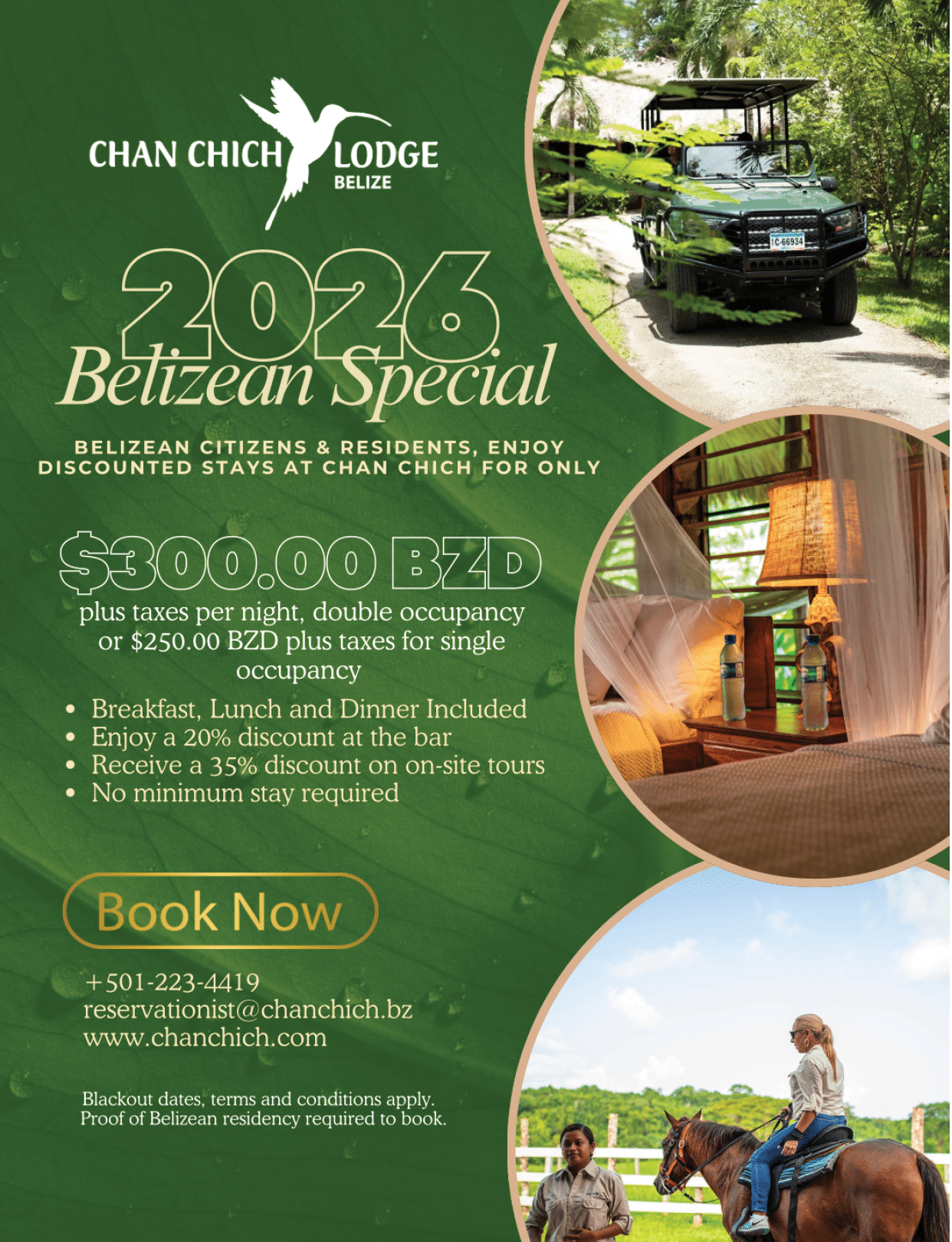 A poster advertising a special deal at Chan Chich Lodge. Description generated by AI