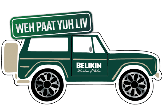 A green jeep with a sign on the back that says “weh paat yuh liv". Description generated by AI