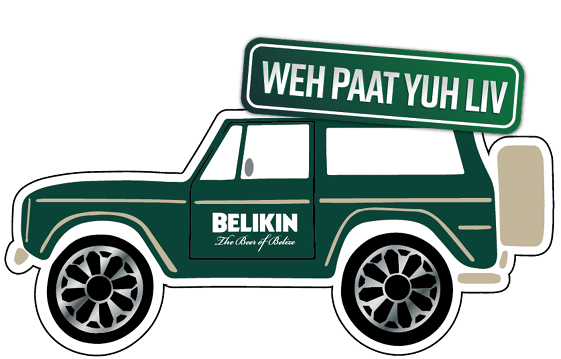A green truck with a sign on the back that says “Weh Paat Yuh Huy". Description generated by AI